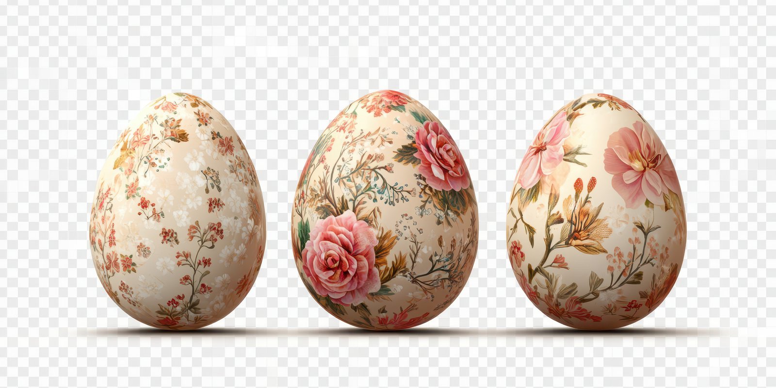 Decorative Easter eggs with floral patterns displayed in a row for spring festivities
